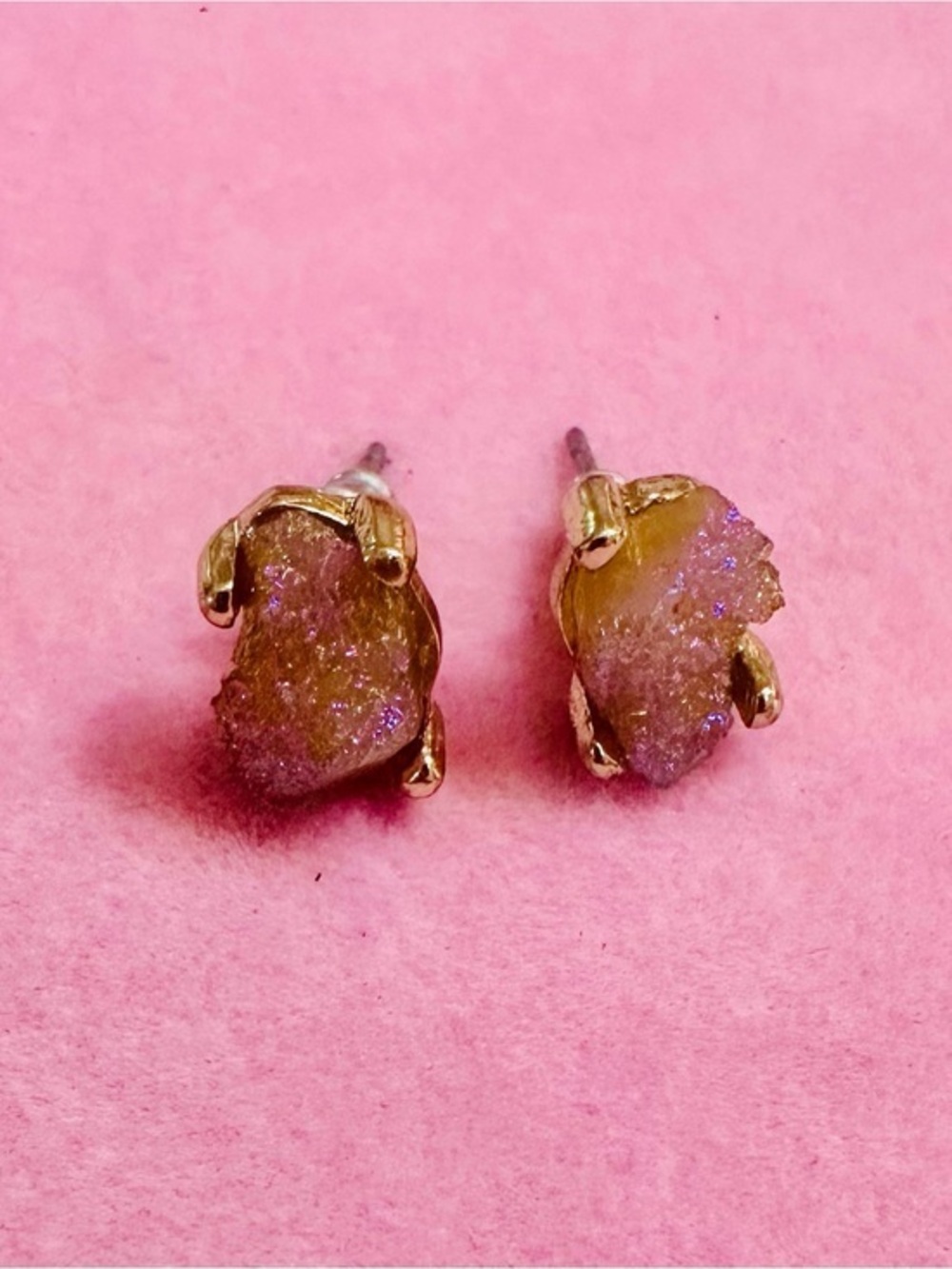 Gold Tone Druzy Stone Stud Earrings